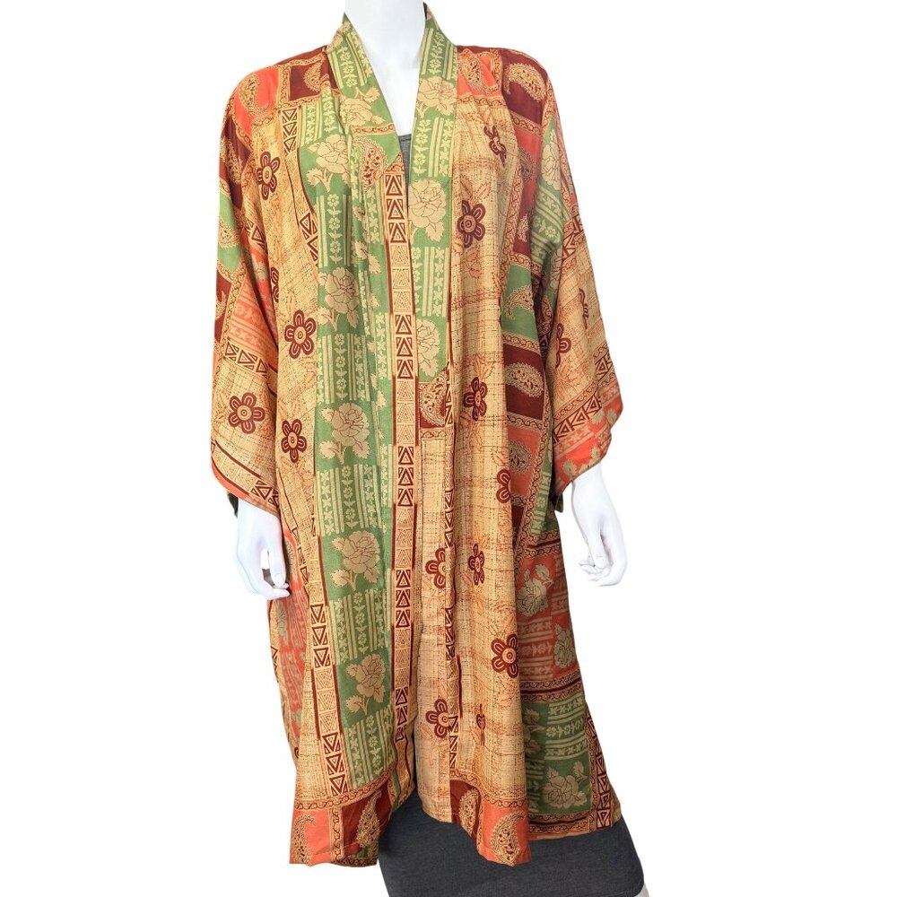 Kantha Bae Vintage Sari Silk Duster Robe OOAK Boho Floral Gold, Green and Rust